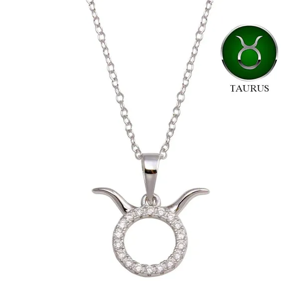 Silver 925 Rhodium Plated Taurus CZ Zodiac Sign Necklace