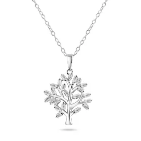 Silver 925 Rhodium Plated Tree of Life Clear CZ Baguette Pendant Necklace