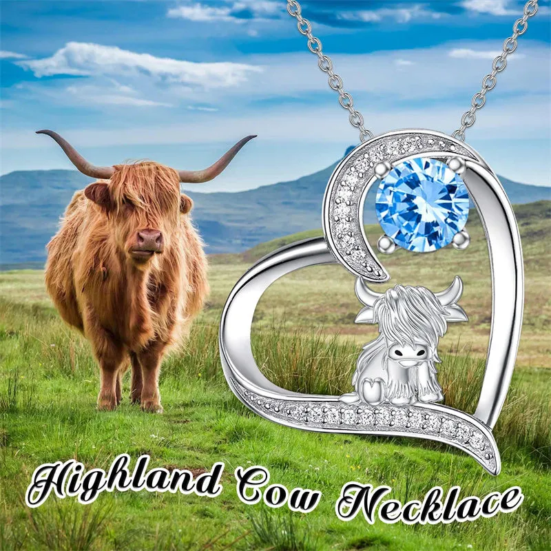 Sterling Silver 12 Months Birthstone Highland Cow Pendant Necklace