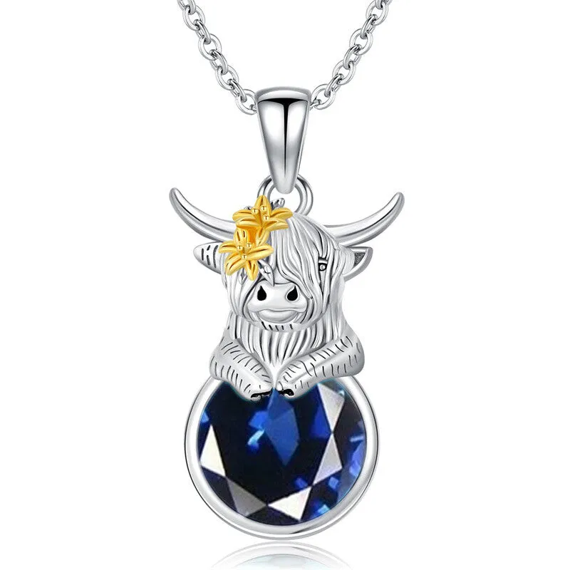 Sterling Silver 12 Months Birthstone Highland Cow Pendant Necklace