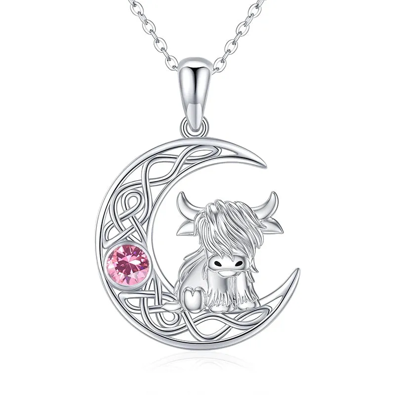 Sterling Silver 12 Months Birthstone Highland Cow Pendant Necklace