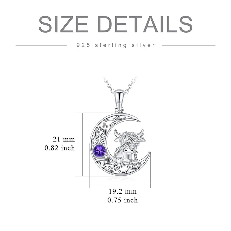 Sterling Silver 12 Months Birthstone Highland Cow Pendant Necklace