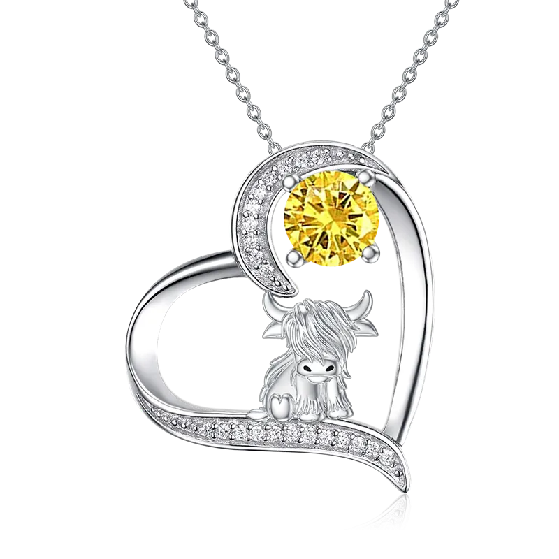 Sterling Silver 12 Months Birthstone Highland Cow Pendant Necklace