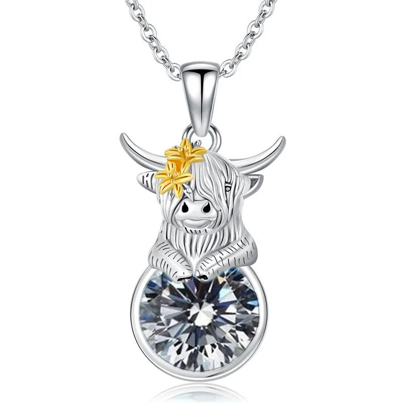 Sterling Silver 12 Months Birthstone Highland Cow Pendant Necklace