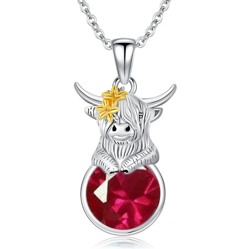 Sterling Silver 12 Months Birthstone Highland Cow Pendant Necklace