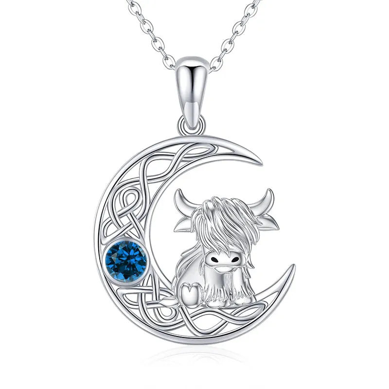 Sterling Silver 12 Months Birthstone Highland Cow Pendant Necklace