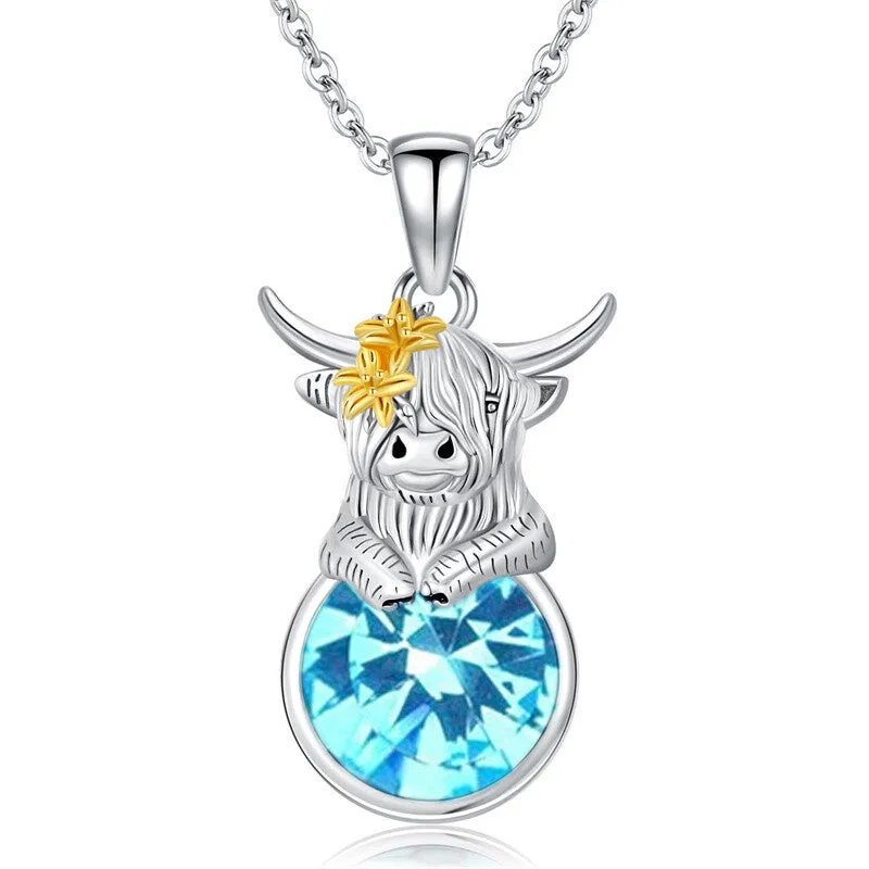 Sterling Silver 12 Months Birthstone Highland Cow Pendant Necklace