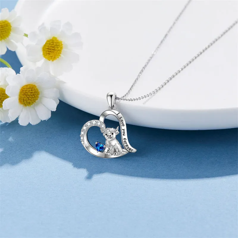 Sterling Silver 12 Months Birthstone Highland Cow Pendant Necklace