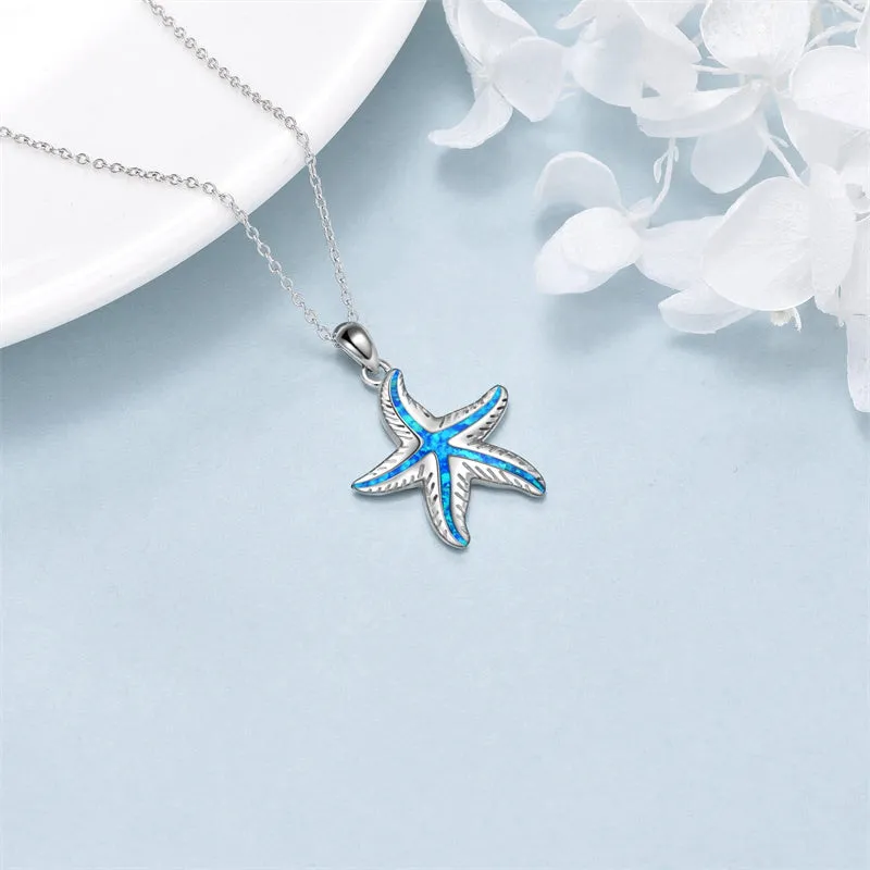 Sterling Silver Created Opal Turtle Dolphin Starfish Pendant Necklace