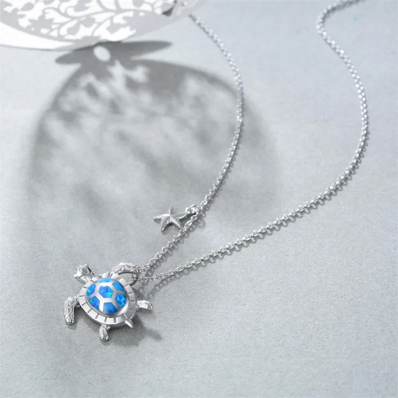 Sterling Silver Created Opal Turtle Dolphin Starfish Pendant Necklace