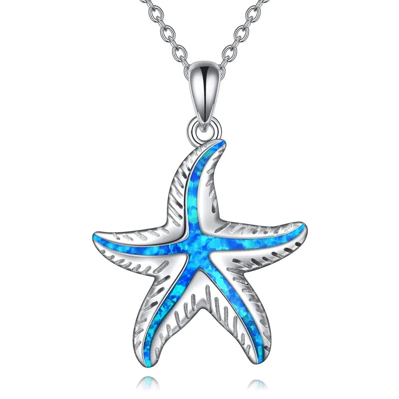 Sterling Silver Created Opal Turtle Dolphin Starfish Pendant Necklace