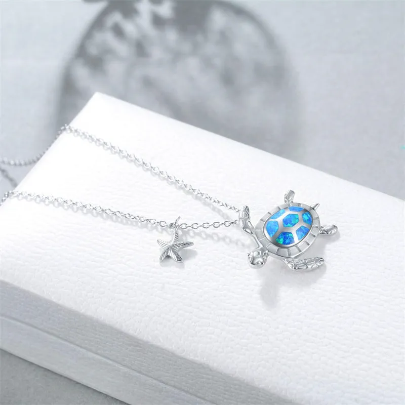 Sterling Silver Created Opal Turtle Dolphin Starfish Pendant Necklace