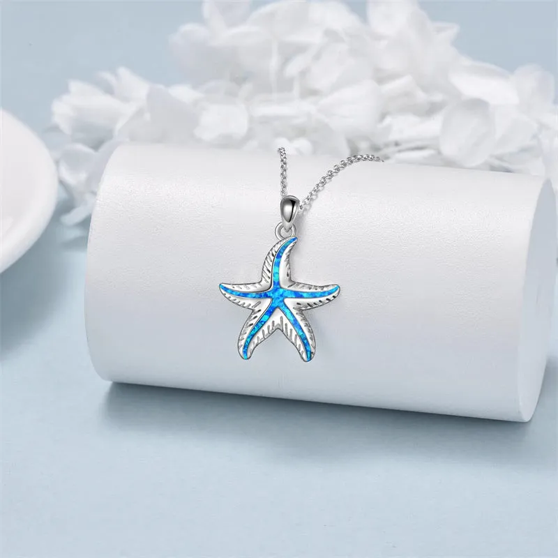 Sterling Silver Created Opal Turtle Dolphin Starfish Pendant Necklace