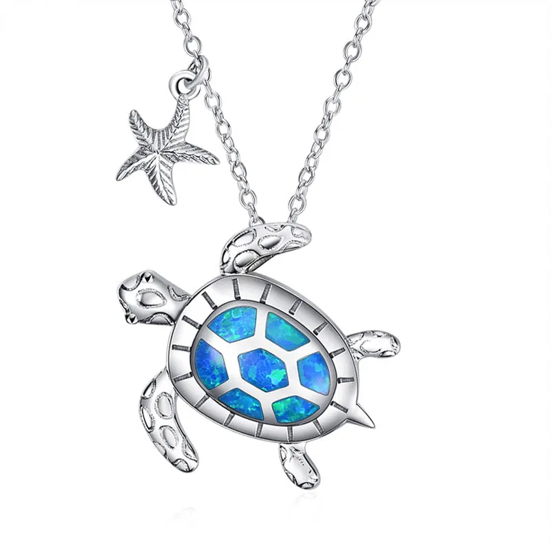 Sterling Silver Created Opal Turtle Dolphin Starfish Pendant Necklace