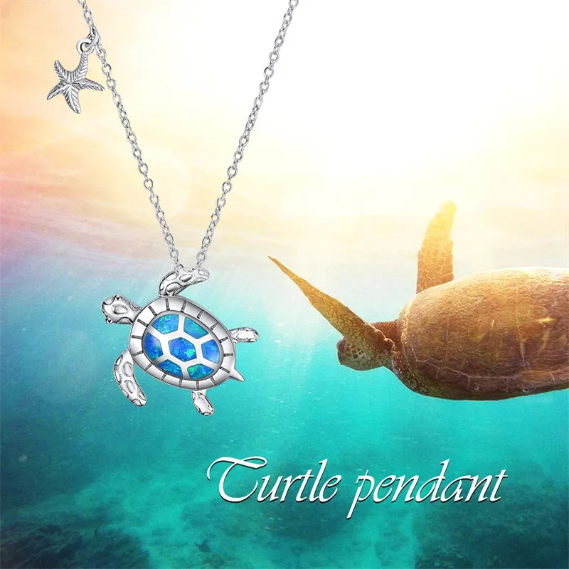 Sterling Silver Created Opal Turtle Dolphin Starfish Pendant Necklace