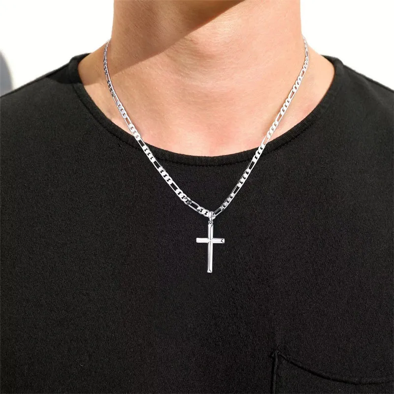 Sterling Silver Cross Pendant Necklace With Stainless Steel Figaro Chain