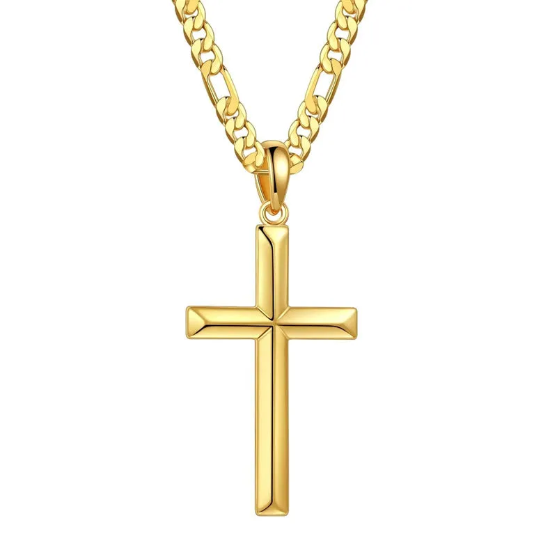 Sterling Silver Cross Pendant Necklace With Stainless Steel Figaro Chain