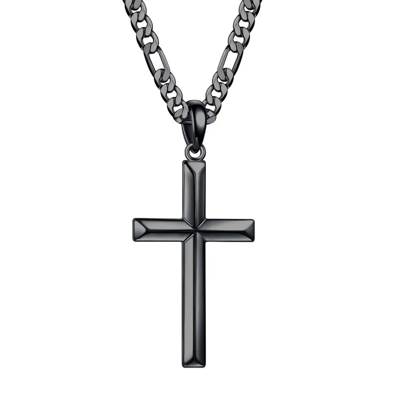 Sterling Silver Cross Pendant Necklace With Stainless Steel Figaro Chain