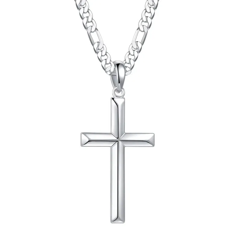 Sterling Silver Cross Pendant Necklace With Stainless Steel Figaro Chain