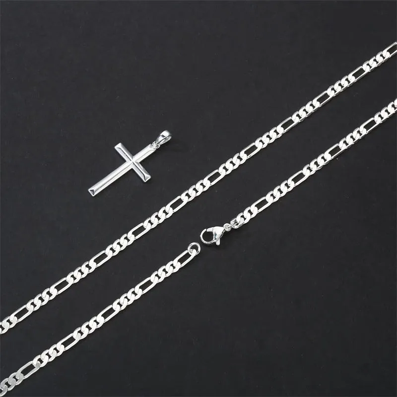 Sterling Silver Cross Pendant Necklace With Stainless Steel Figaro Chain