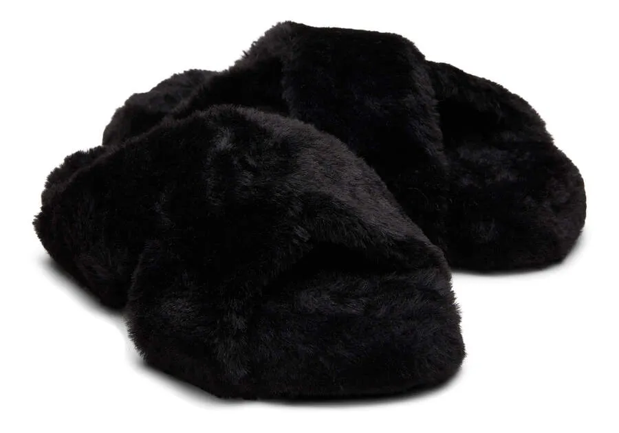 TOMS Womens Susie Faux Fur Vegan Slippers - Black